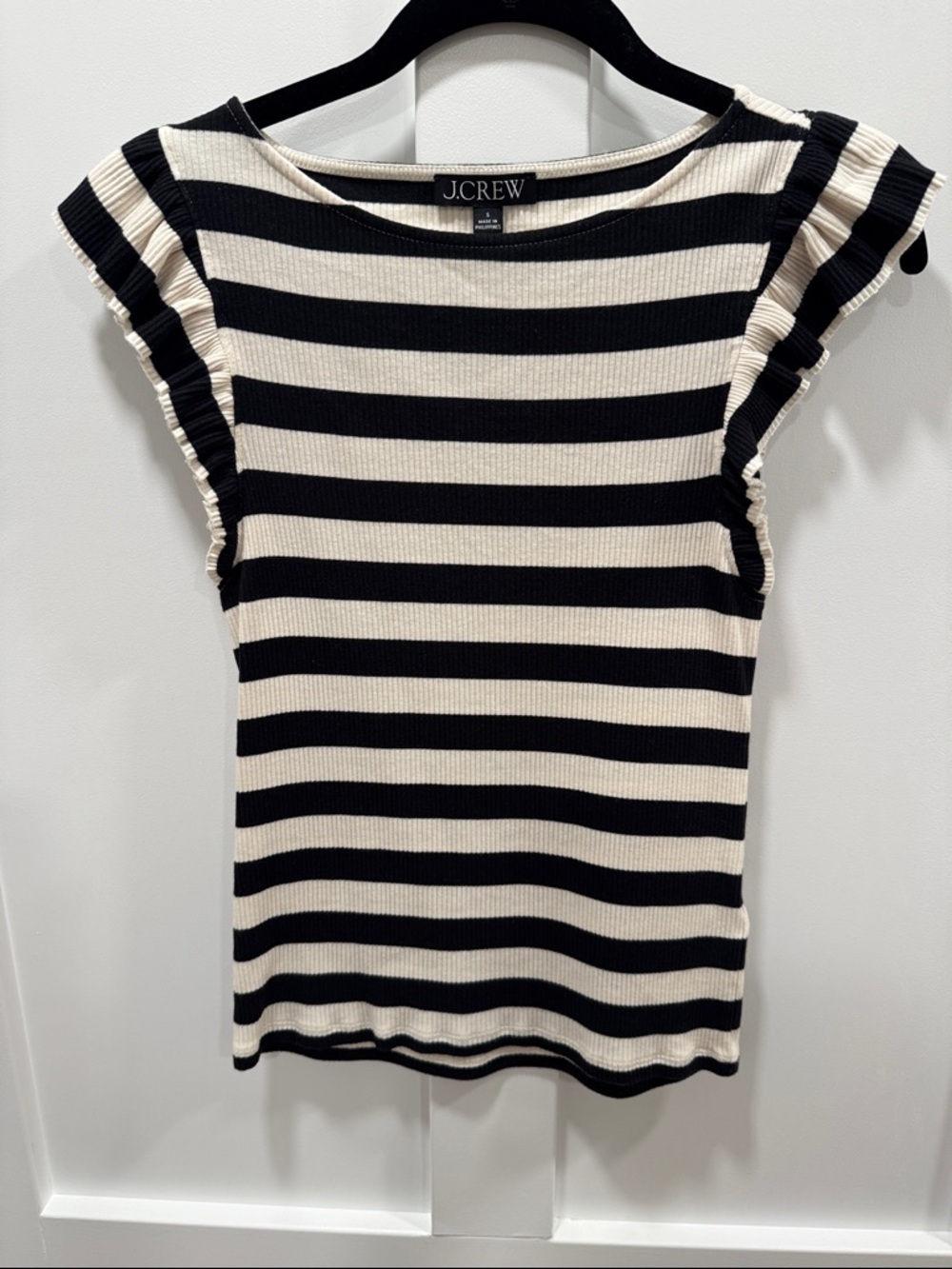 J. Crew Black and Cream Striped Ruffle Sleeve Tank